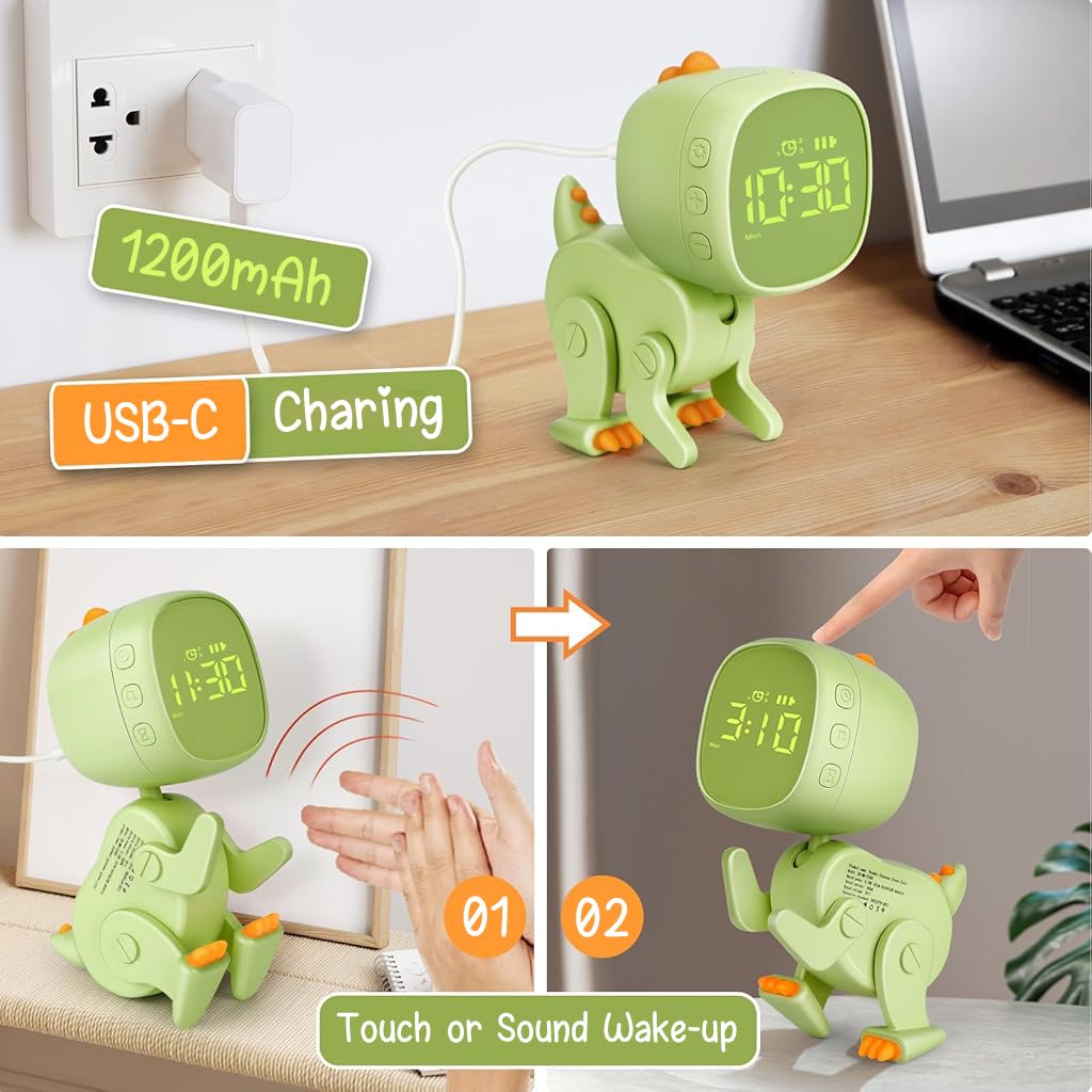 HASTHIP Digital Alarm Clock for Kids with Dinosaur Shape and Night Light Timer | 6 Alarm Music