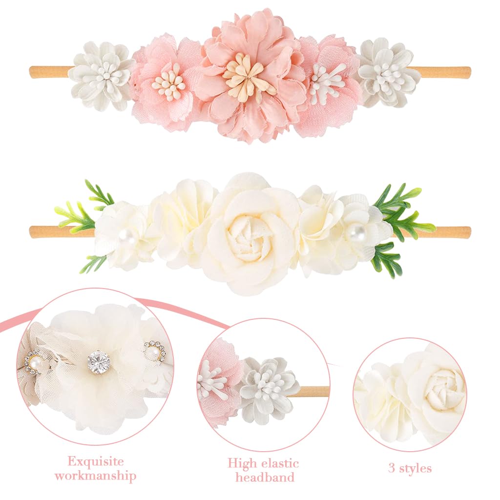 Venzina® 3Pcs Baby Hair Band Floral Hair Bands for Baby Girls, Princess Hair Band for Girls Kids, Stretchy Hairbands Headband for Baby Girl, Cute Hair Accessories for Baby Girl Infants Toddlers Gift