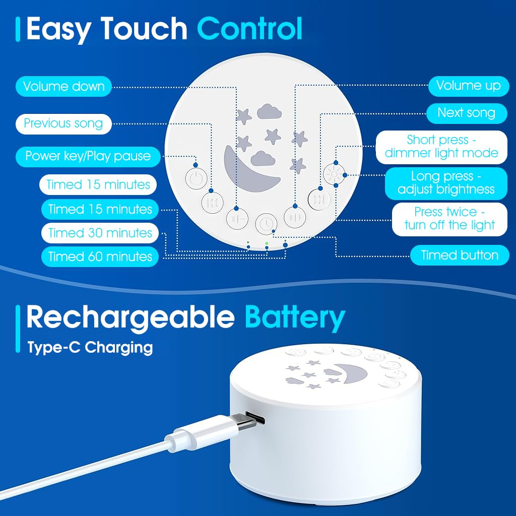 ZORBES White Noise Machine for Baby featuring 7 Color Night Light and 18 Melodies | USB Rechargeable 40x47mm Sleep Aid