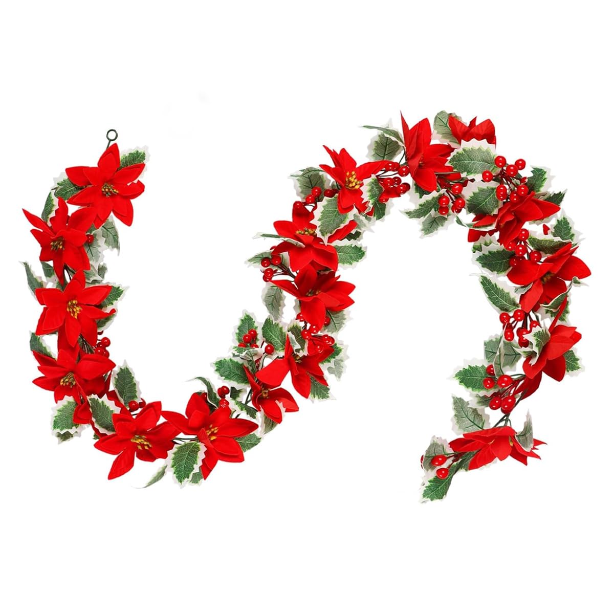 HASTHIP Christmas Garland 5.8 ft for Tree Door and Wall featuring Velvet Poinsettias & Holly | Festive Home Decor