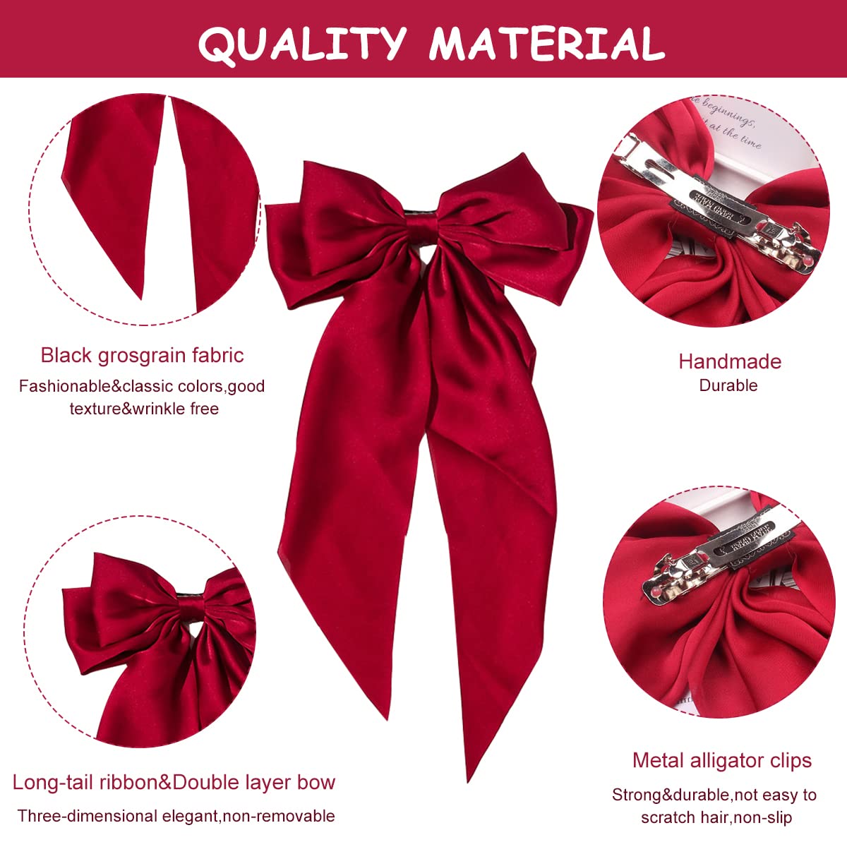 MAYCREATE® Large Satin Hair Bows for Women Girls Silk-Like Stylish French Bow Hair Clip Bowknot Hair Barrettes Big Ribbon Bow with Long Tail (Red)