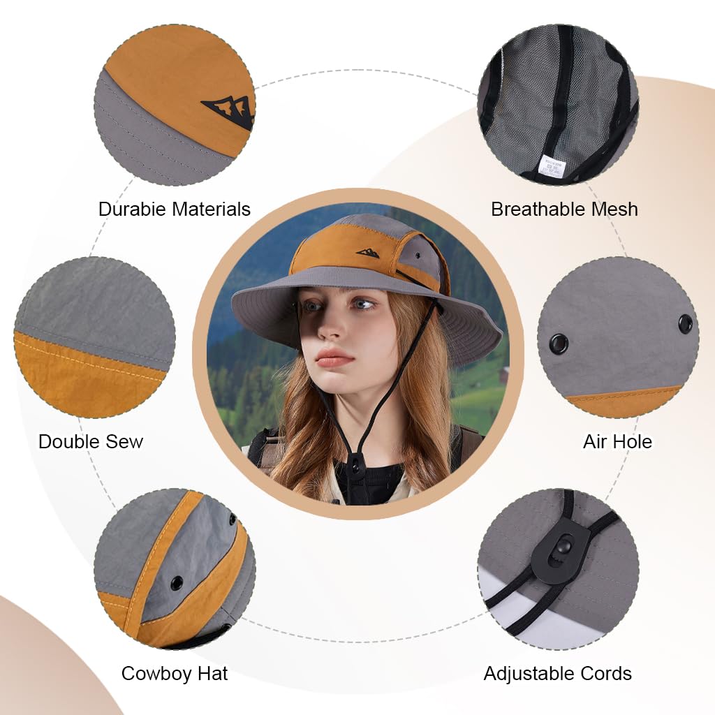 GUSTAVE UV Protection Wide Brim Sun Hat for Hiking and Fishing with Breathable Mesh | Lightweight Quick Dry Nylon in Orange Grey