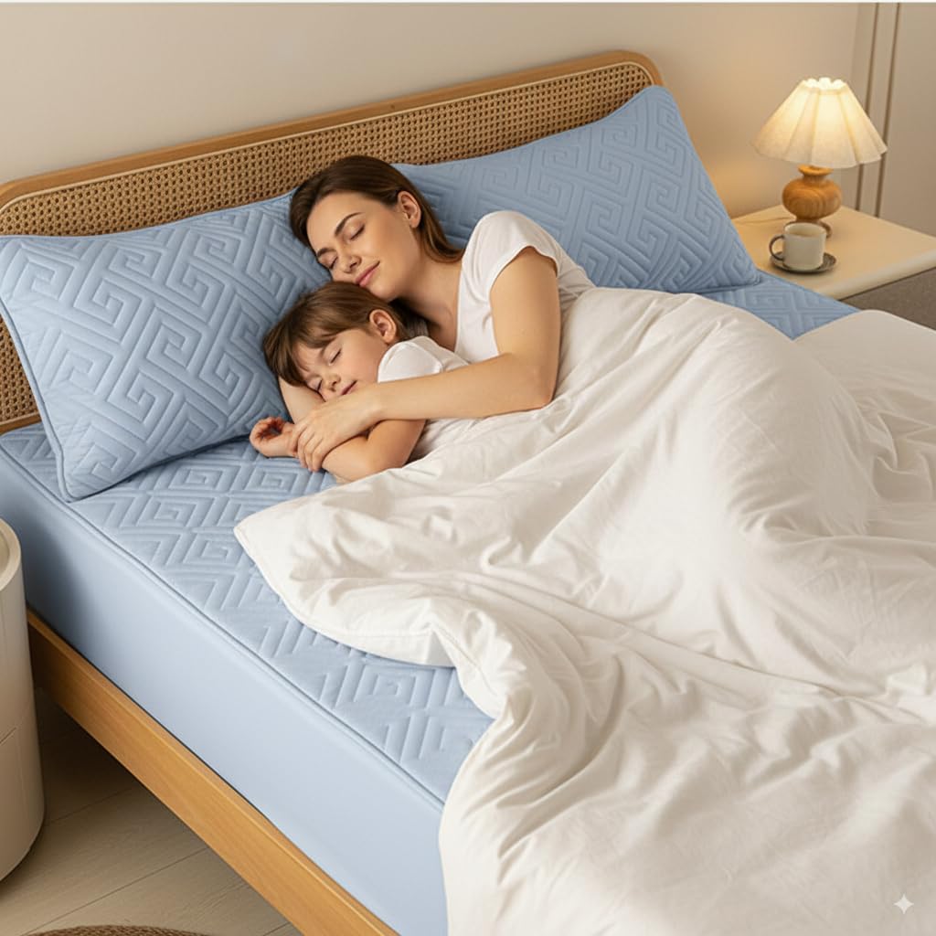 HASTHIP Bed Covers Queen Size with Hidden Waterproof Liner 78.7 x 59 in | Quilted Cotton Blue