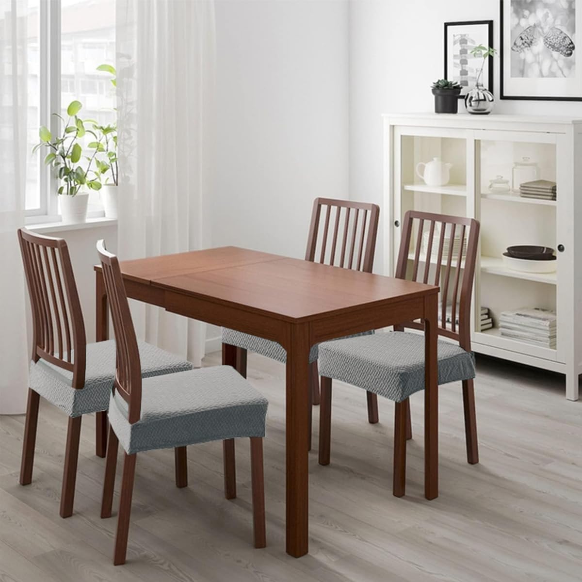 Venzina Dining Chair Covers for Cushioned Seats with Jacquard Pattern | 4Pcs Stretchy Dacron Grey Set