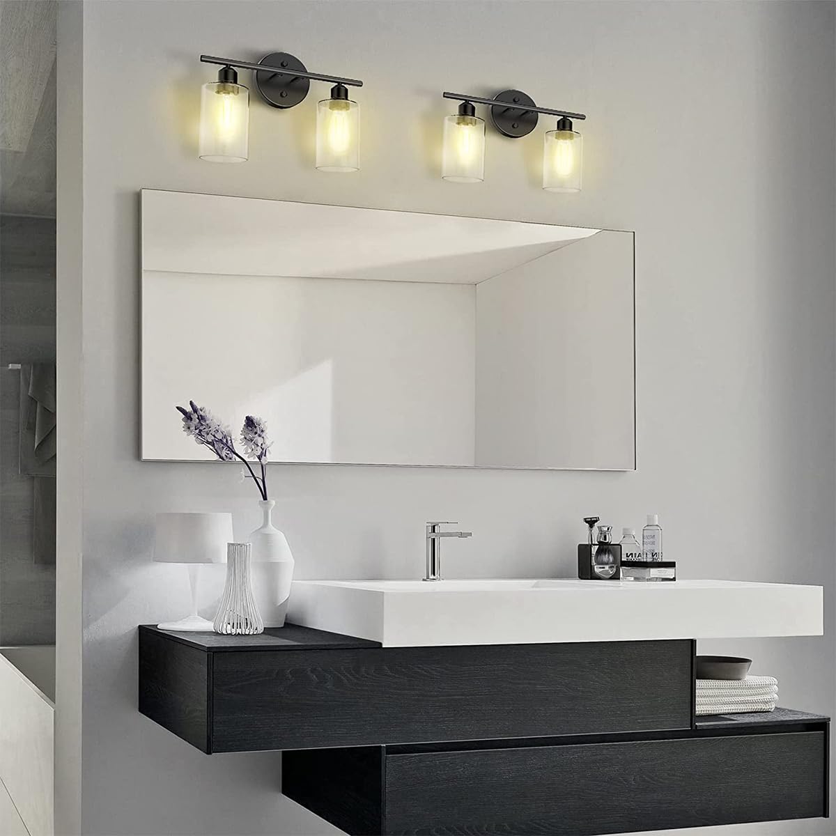 ELEPHANTBOAT E27 Wall Mounting Light Fixture for Bedroom and Hallway with Dual 10cm Glass Lampshades featuring Screw Fixing Base | Matte Black Metal Design