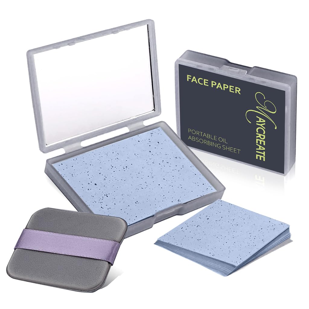 MAYCREATE® 100Pcs Face Blotting Paper for Oily Skin, Natural Linen Bloating Papers for Oily Face, Oil Absorbing Sheets for Face, with Built-in Mirror & Powder Puff Pad for Men and Women