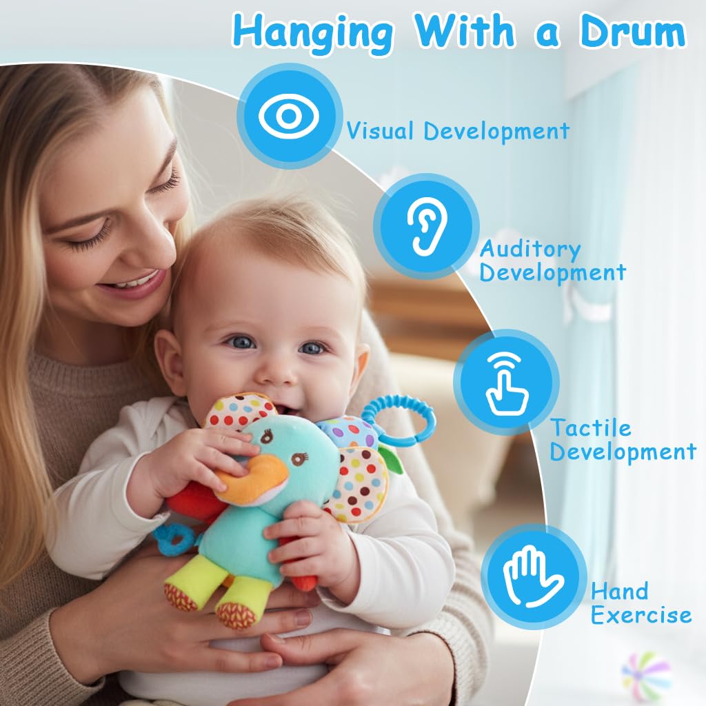 SNOWIE SOFT Baby Toys for 6 to 12 Months with Rattle Sound and Open Ring Clasp | Plush Elephant Hanging Toy for Stroller and Crib