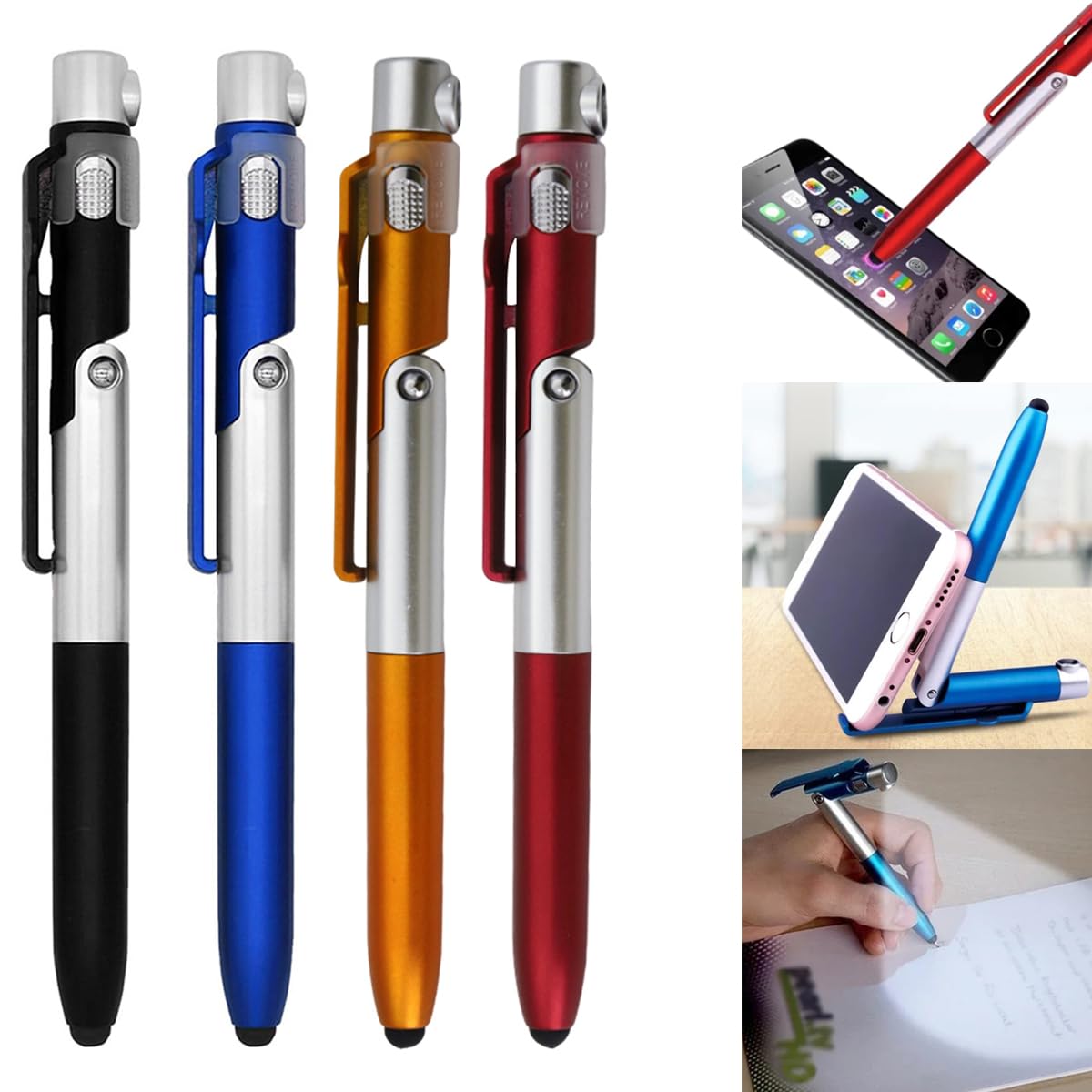 HASTHIP® 4Pcs Multifunction Stylus Pen for Phone, Foldable Mobile Phone Rack Touch Ballpoint Pen Portable Desk Phone Holder Pen Ballpoint Pen with Led Light, Folding Signing Pen for Office