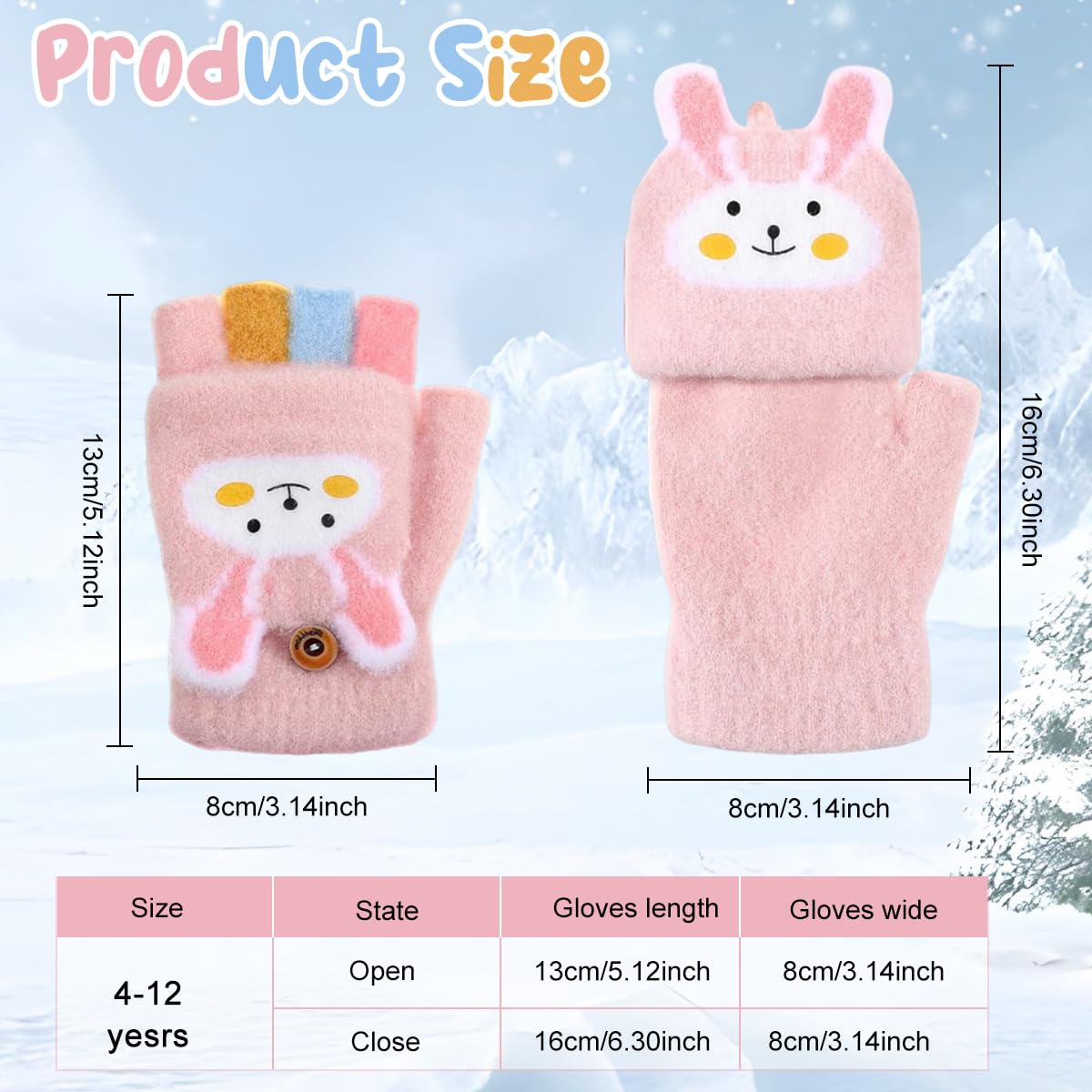 PATPAT Pink Bunny Flip Winter Gloves for Girls 4–12 with Finger Guard Flap | Soft Plush Half Finger Mitts for Outdoor Fun