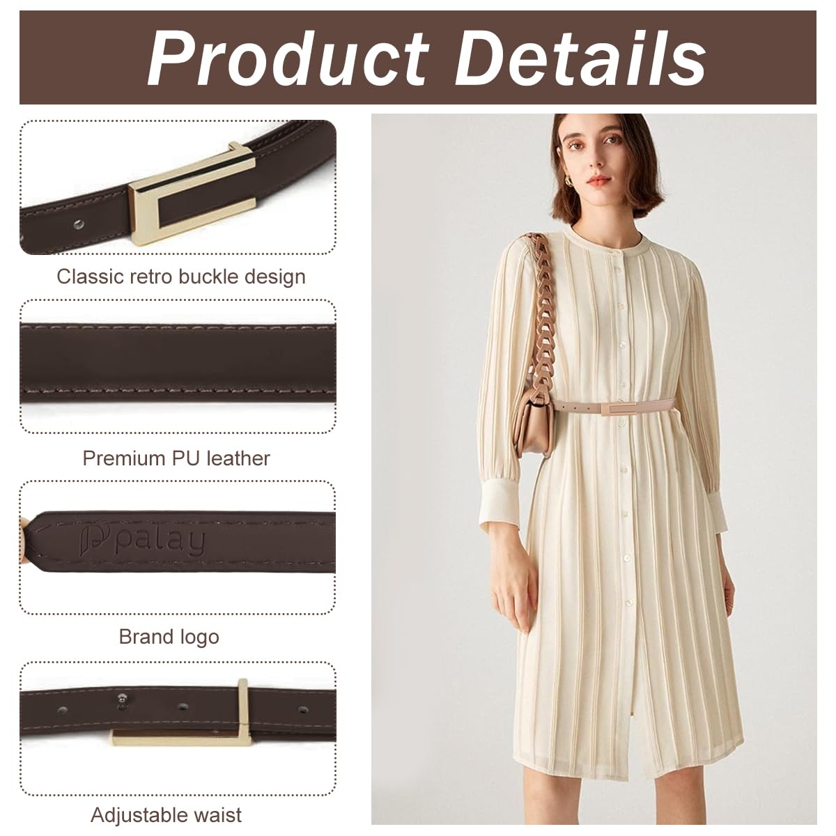 PALAY Waist Belt for Women Dresses featuring Interlock Buckle and 40in Adjustable Fit | Brown and Cream PU Slim Design