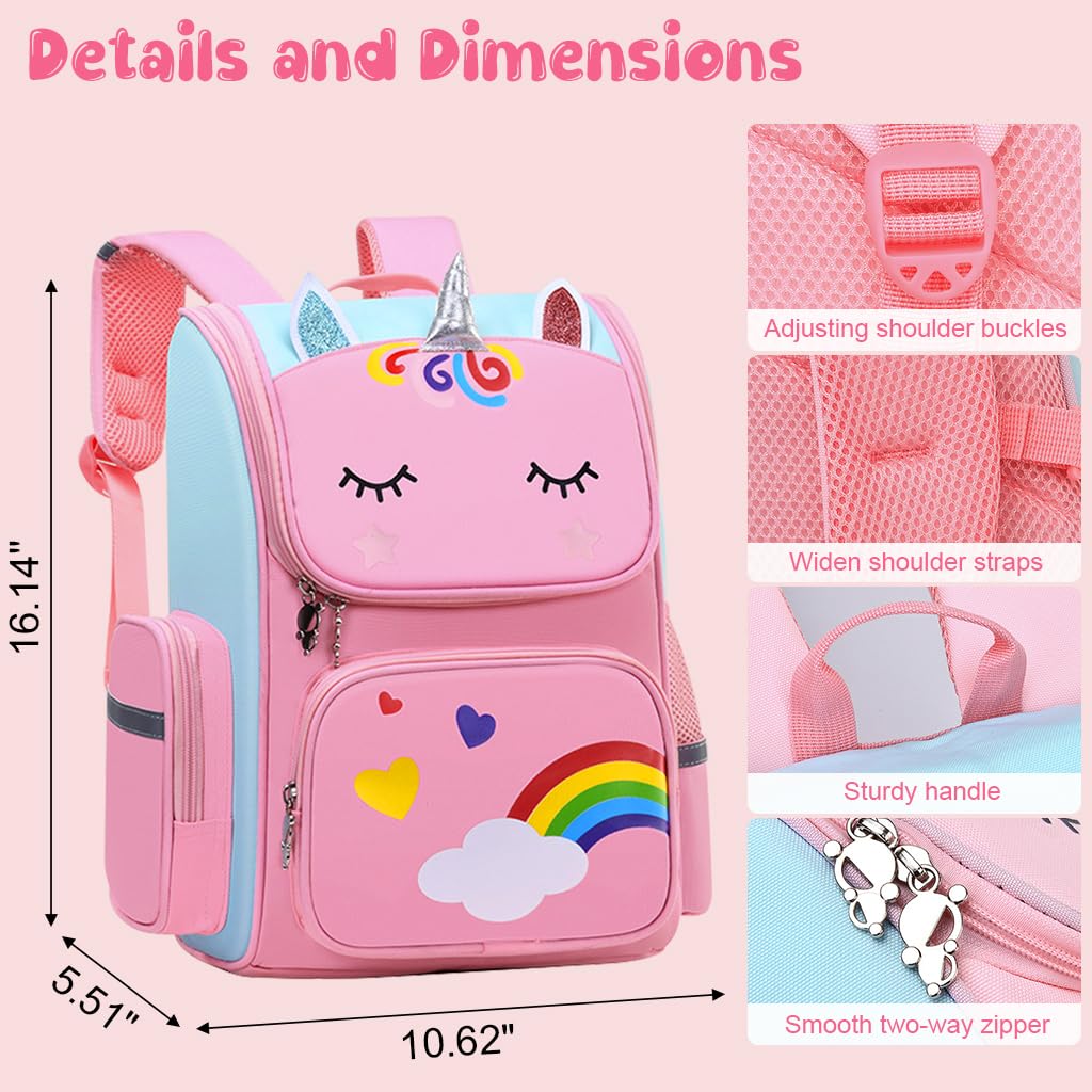 PALAY® Girls School Backpack Unicorn Cartoon Backpack Primary Bookbag Waterproof Backpack for School, Travel, Camping, Burden-relief Backpack School Gift for Kids 6-12 Years Old