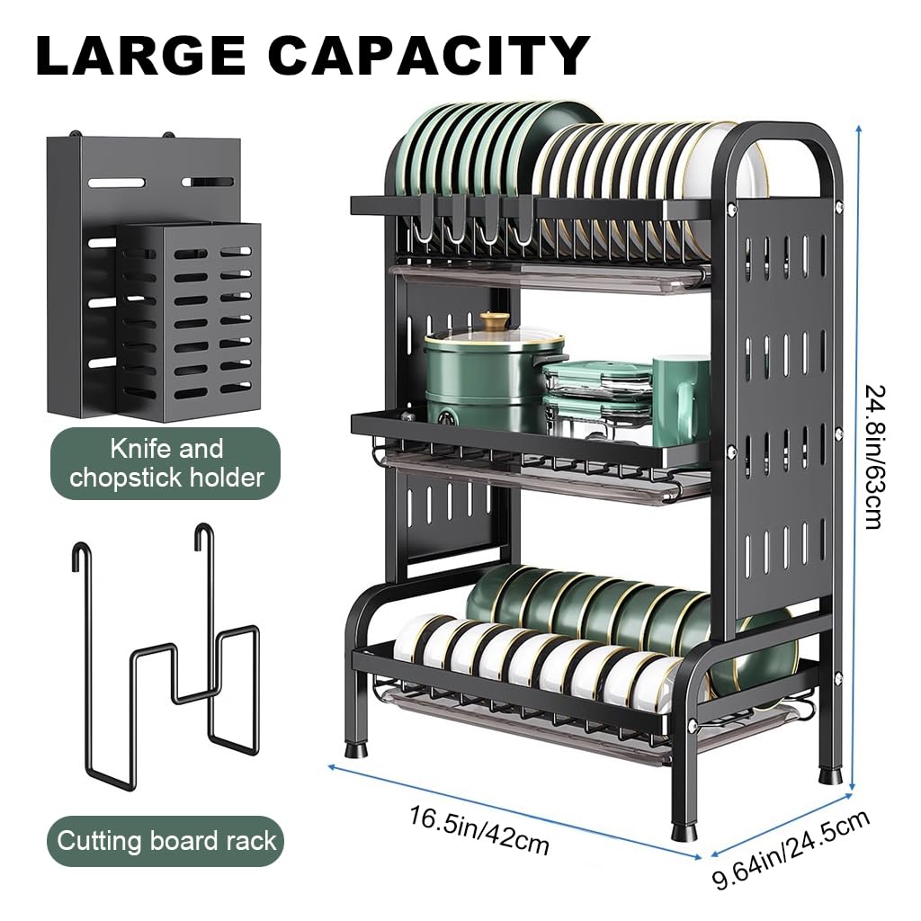 HASTHIP Kitchen Utensils Drying Rack for Storage with 3 Tier 63x42x24.5 cm Carbon Steel | Hook and Cutlery Holder