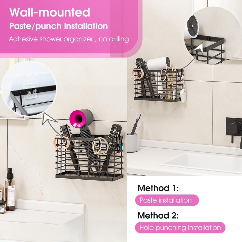 HASTHIP Hair Dryer Stand for Bathroom Organization with Screw Fixed Curved Hooks | Carbon Steel