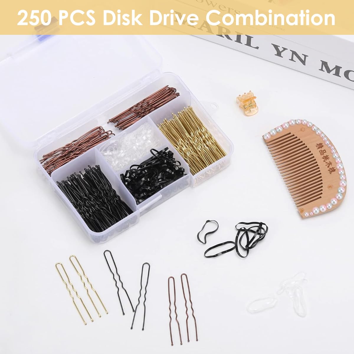 MAYCREATE Hair Pin Kit for Stylish Updos with 150 U Pins & 100 Elastics | Storage Box