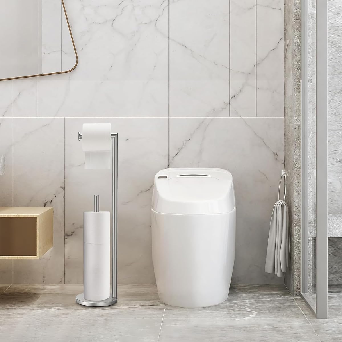 Supvox Toilet Paper Roll Holder 2 In 1 Toilet Paper Roll Organizer Floor Stand 26.9 Inches Toilet Paper Roll Holder Stand Stainless Steel Toilet Paper Roll Holder for Living Room, Bathroom, Kitchen