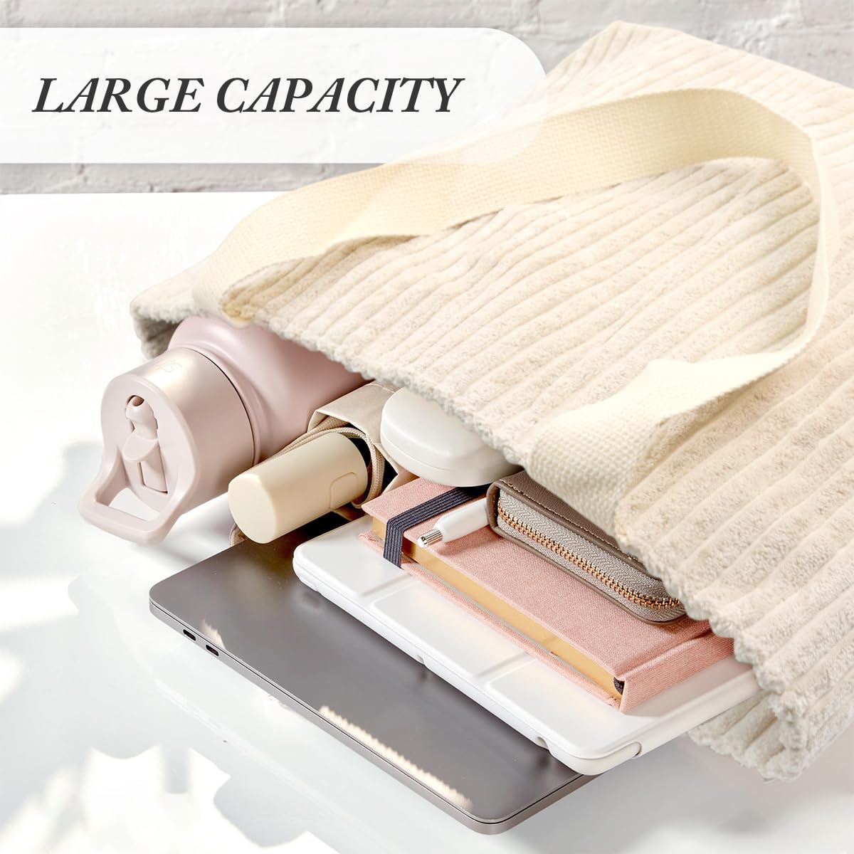 ZIBUYU Corduroy Tote Bag for Women Fashion Beige Casual Shoulder Bag Hand Bag with Zipper Nylon Webbing Shoulder Straps Design Book Bag Grocery Bag Versatile Daily Item Bag, 37x10x34cm