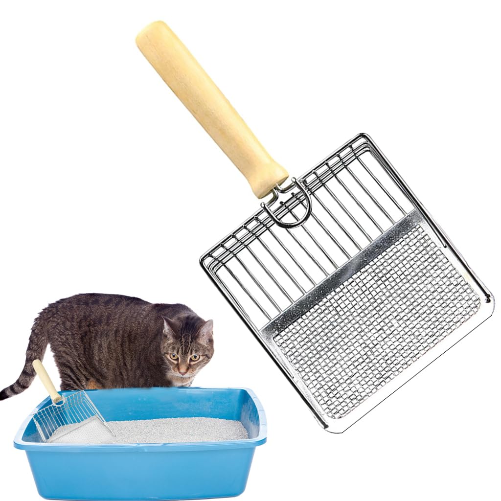 Qpets® Metal Litter Scoop, Wooden Handle Fast Sifter Cat Litter Scoop, Potty Scooper 2 Kinds Of Sifter Hole For 3-10Mm Clumping Clay Cat Litter