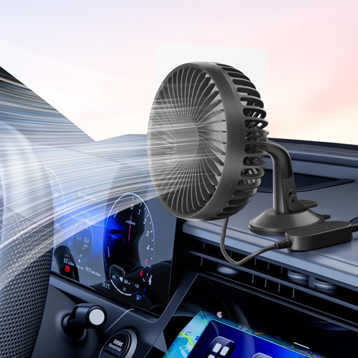 STHIRA USB Car Fan for Dashboard and Backseat with 3 Speed Control and 360° Rotation | Dual Mount 12/24V Plug and Go Ventilator