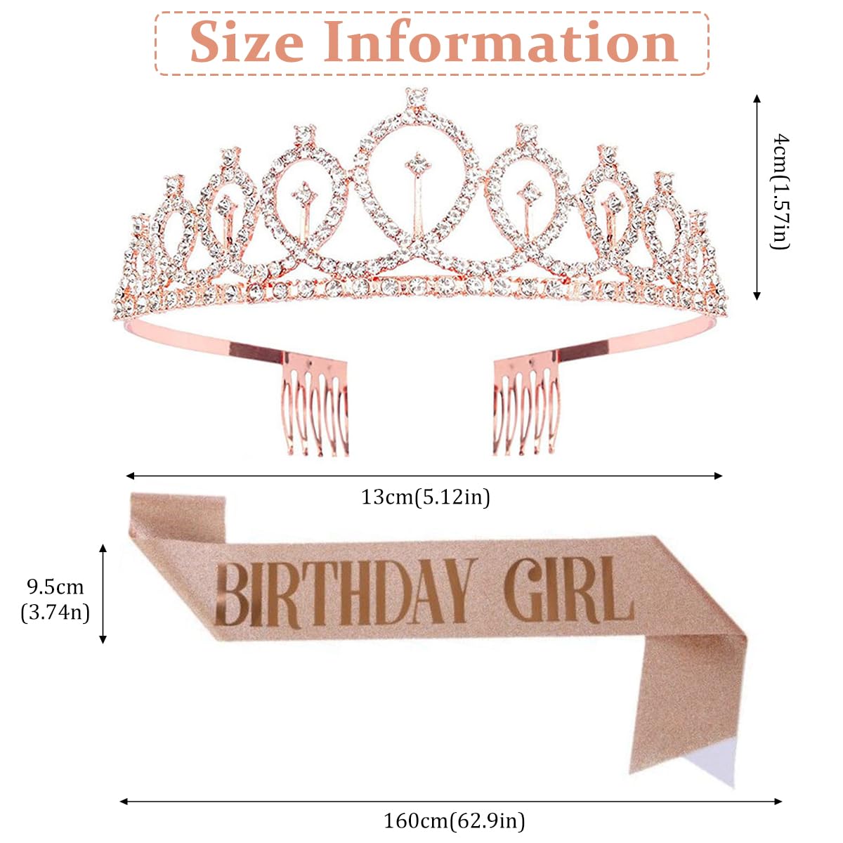 Venzina Crown Tiara for Girls with Glitter Sash and Crystal Rhinestones in Rose Gold | Birthday Party Set