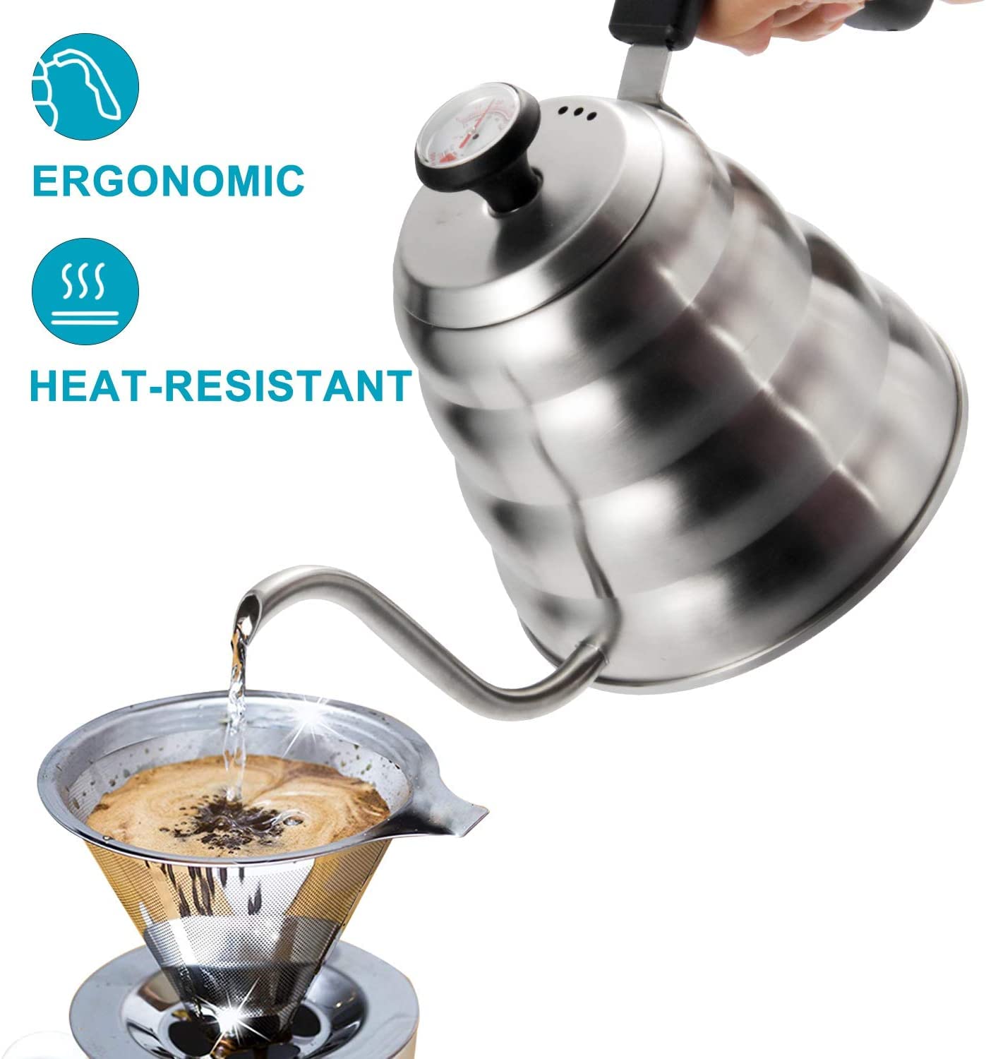 Supvox Pour Over Gooseneck Kettle for Coffee and Tea with Thermometer | 3 Layer Stainless Steel Pot