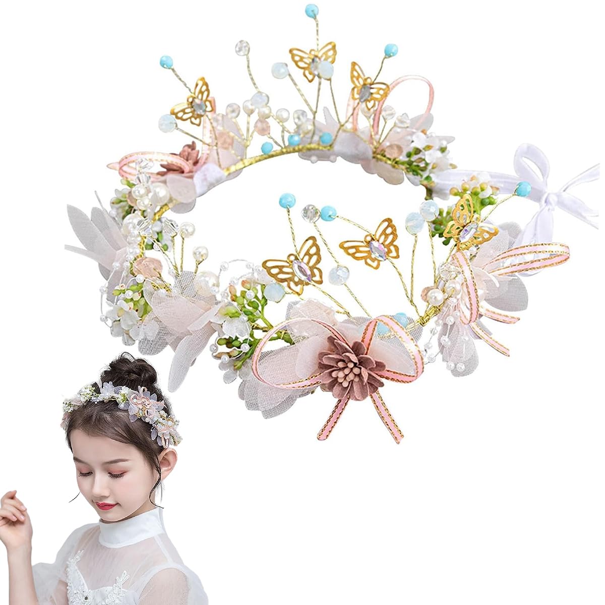 SANNIDHI Flower Crown for Girls Princess Tiara for Girls Kids Wedding Bridal Floral Hair Band for Women Handmade Pearl Crown Headpiece Dress Up Hairband for Birthday Party First Communion Gift