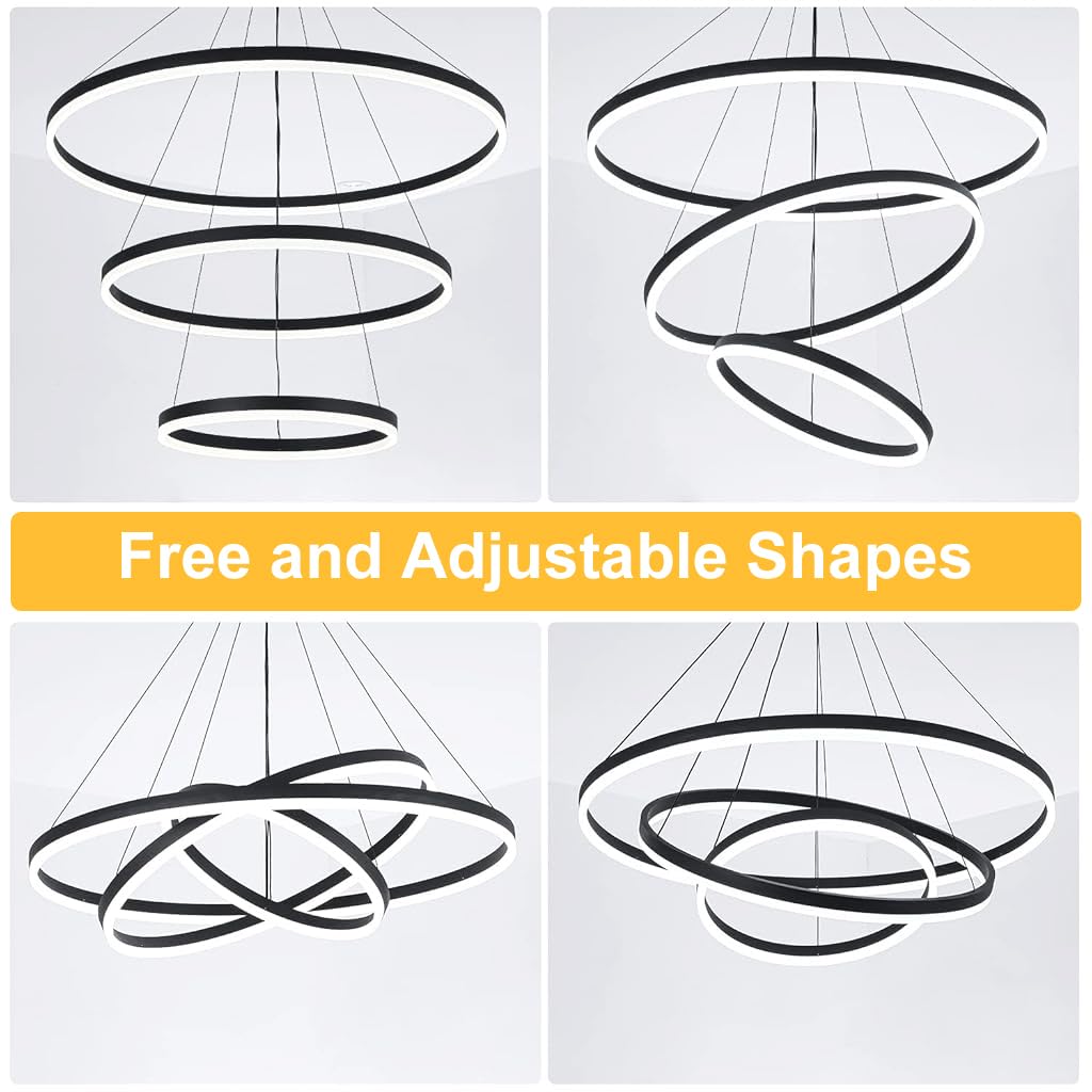 ELEPHANTBOAT LED Chandelier for Living and Dining Rooms with 3 Rings 55W Dimmable Light | Remote Control Adjustable Black Pendant