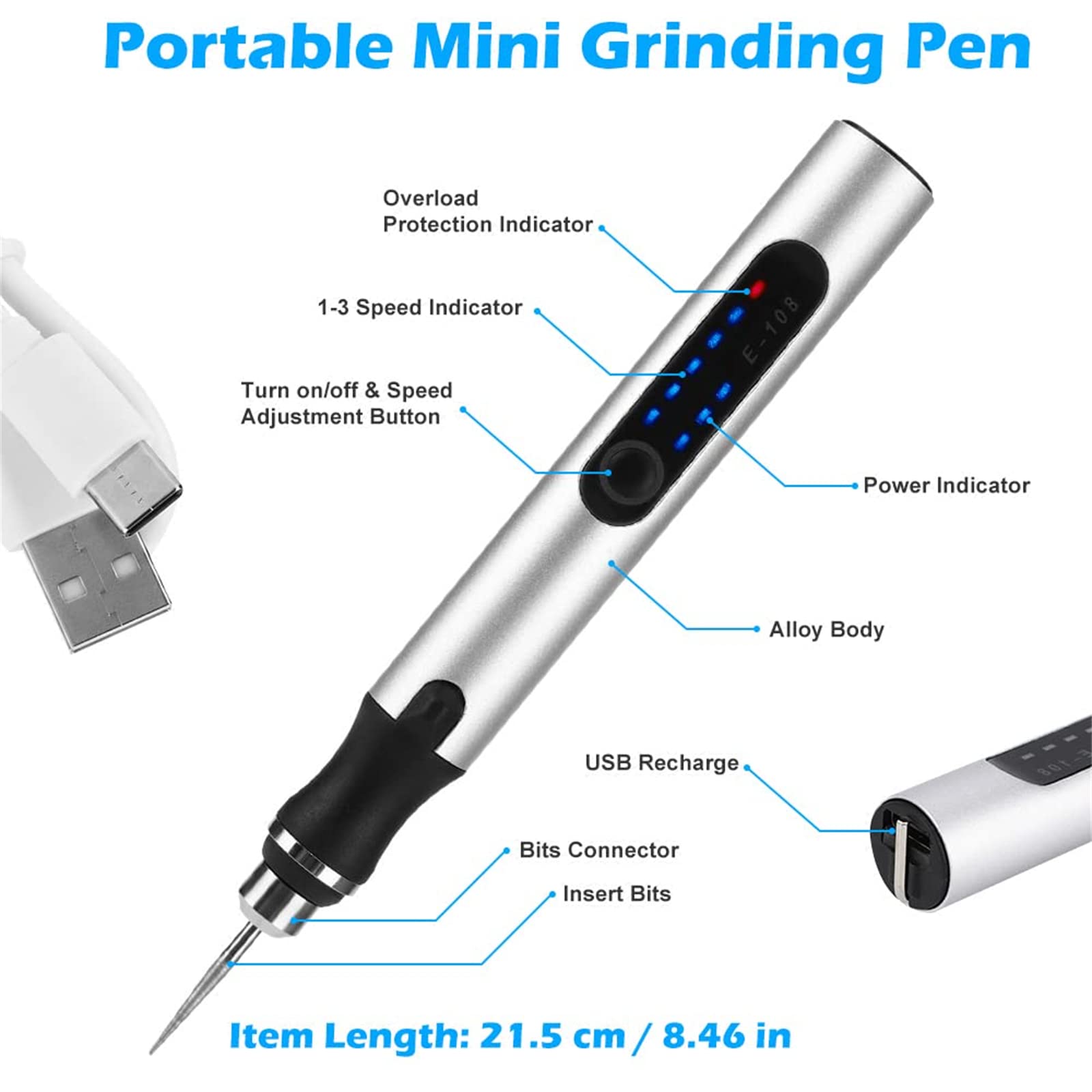 HASTHIP USB Engraving Pen for Wood Glass and Plastic with 3 Nozzles and 150PSI Power | Silver
