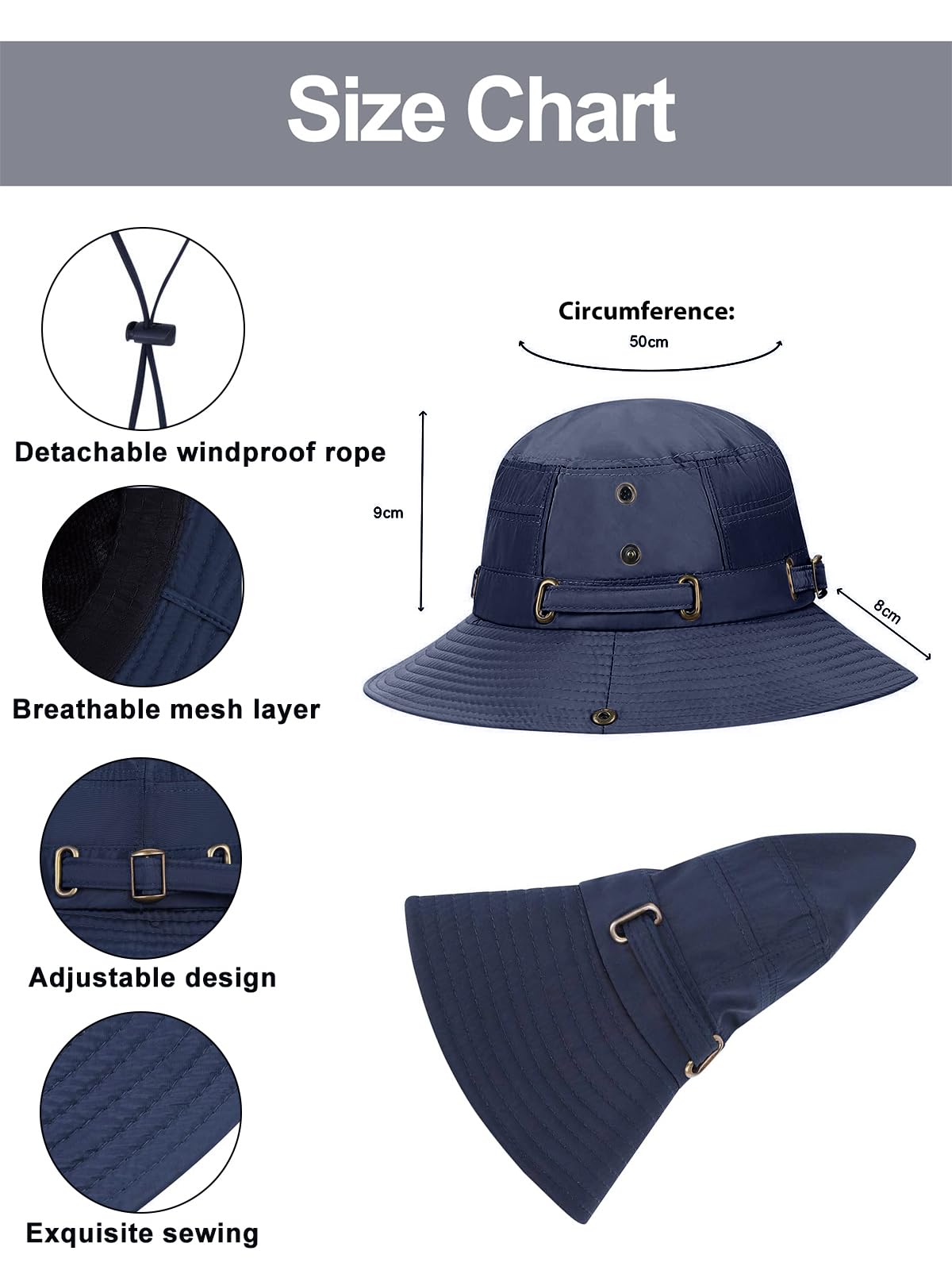 ZIBUYU® Sun Hat for Women Girls Stylish Extra Wide Brim 2 In 1 Cap for Women Summer UV Protection Breathable Round Hat with Adjustable Windproof Strap Beach Hat for Hiking, Fishing, Camping - Navy