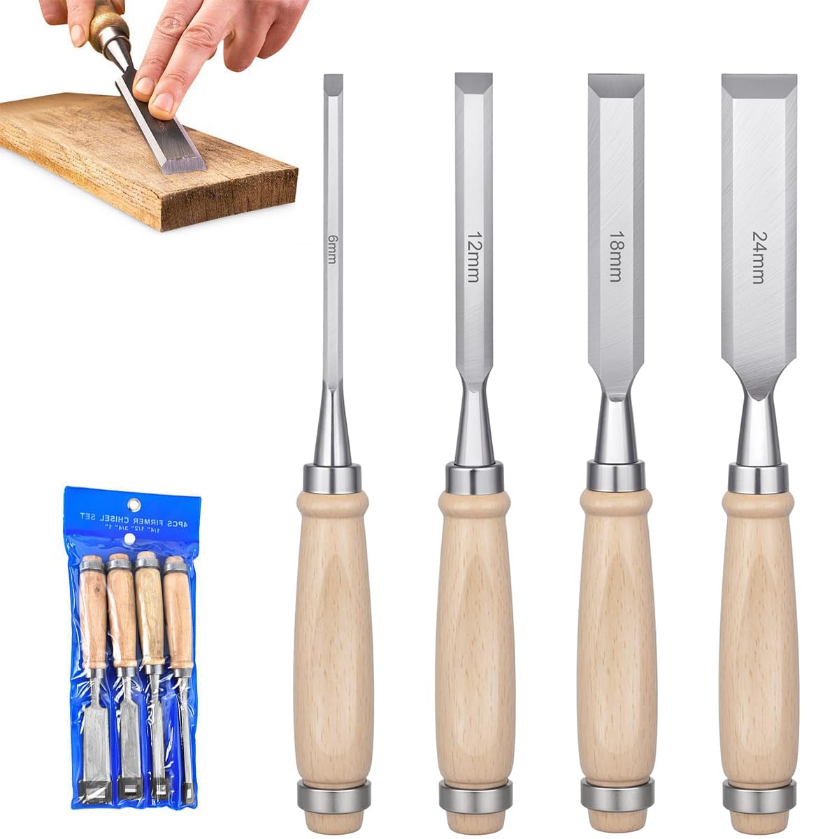 Serplex Wood Craft Chisel Set for Trimming and Shaping with Wooden Handles | 4 Sizes 6mm 12mm 18mm 24mm Chrome Vanadium Steel