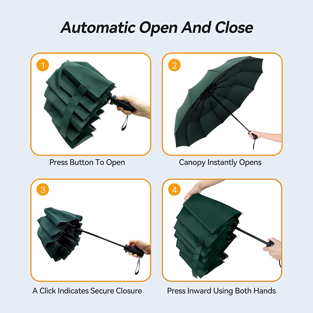 Venzina Umbrella for Travel with 12 Fiberglass Ribs and 41 in Coverage | Auto Open Green