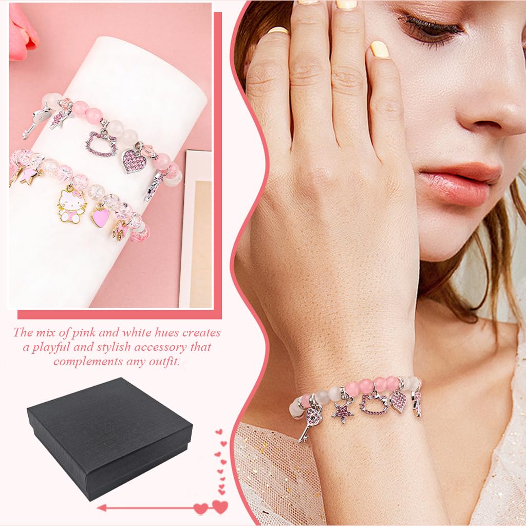 SANNIDHI Bracelets for Women featuring 2 Piece Kitty Beaded Resin Design in Pink and White | Cute BFF Gift for Girls