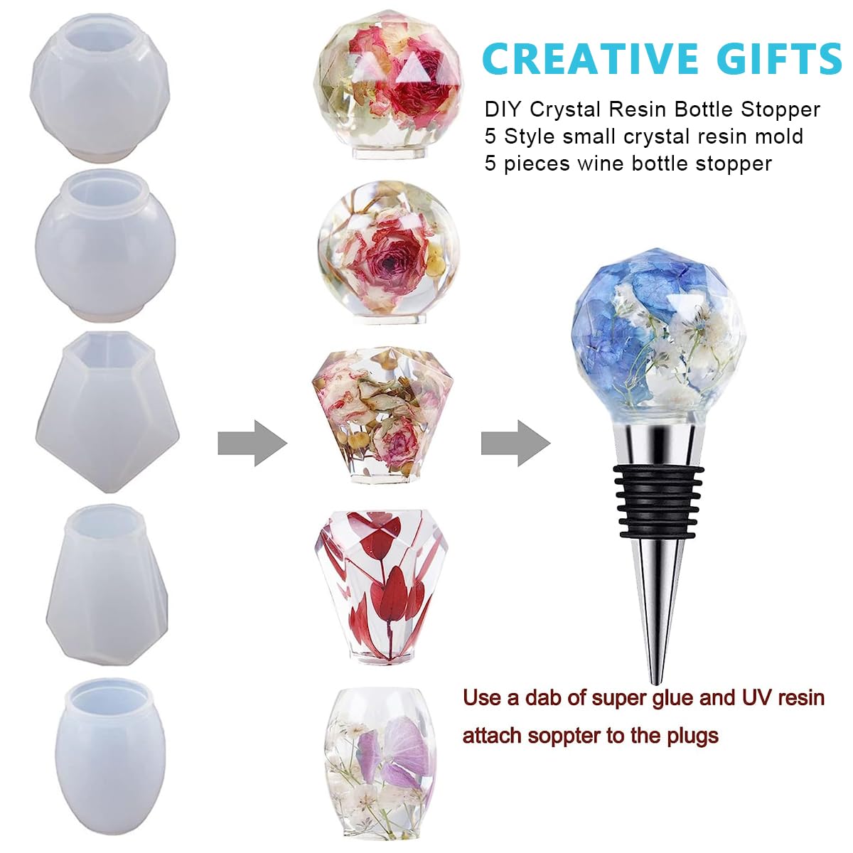 HASTHIP Wine Stopper Resin Molds for DIY Craft Gifts with 5 Silicone Shapes and Stoppers