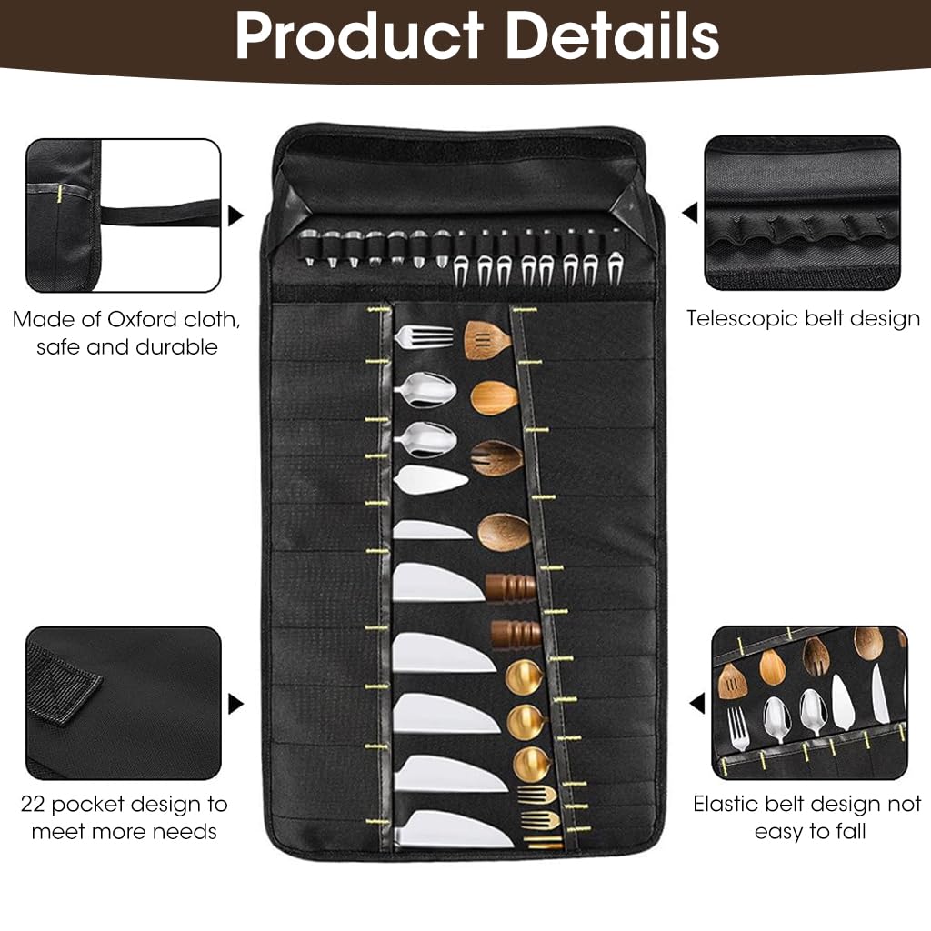 Zibuyu Kitchen Cutlery Organizer Bag for Chefs with 22 Slots and Ergonomic Handle | Black Oxford Cloth