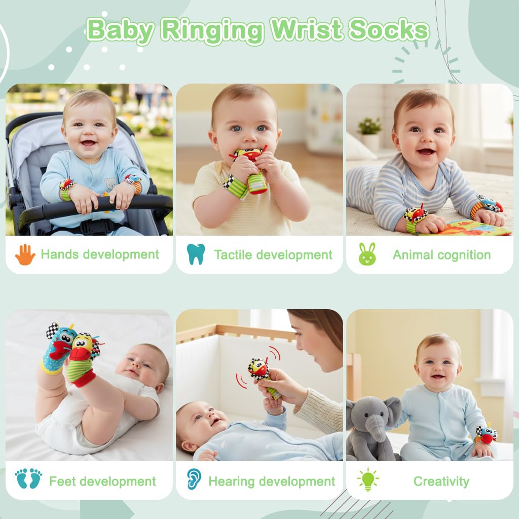 SNOWIE SOFT Baby Rattle Socks and Wristbands for Infant Play with Soft Cotton Plush Toys | Sensory Development Gift