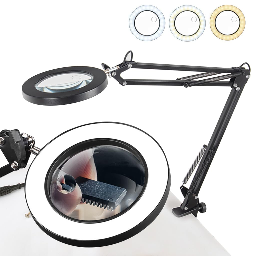HASTHIP Desk LED Magnifier for Repairing and Reading with 15X Lens and Flexible Arm | USB 3‑Color Lighting
