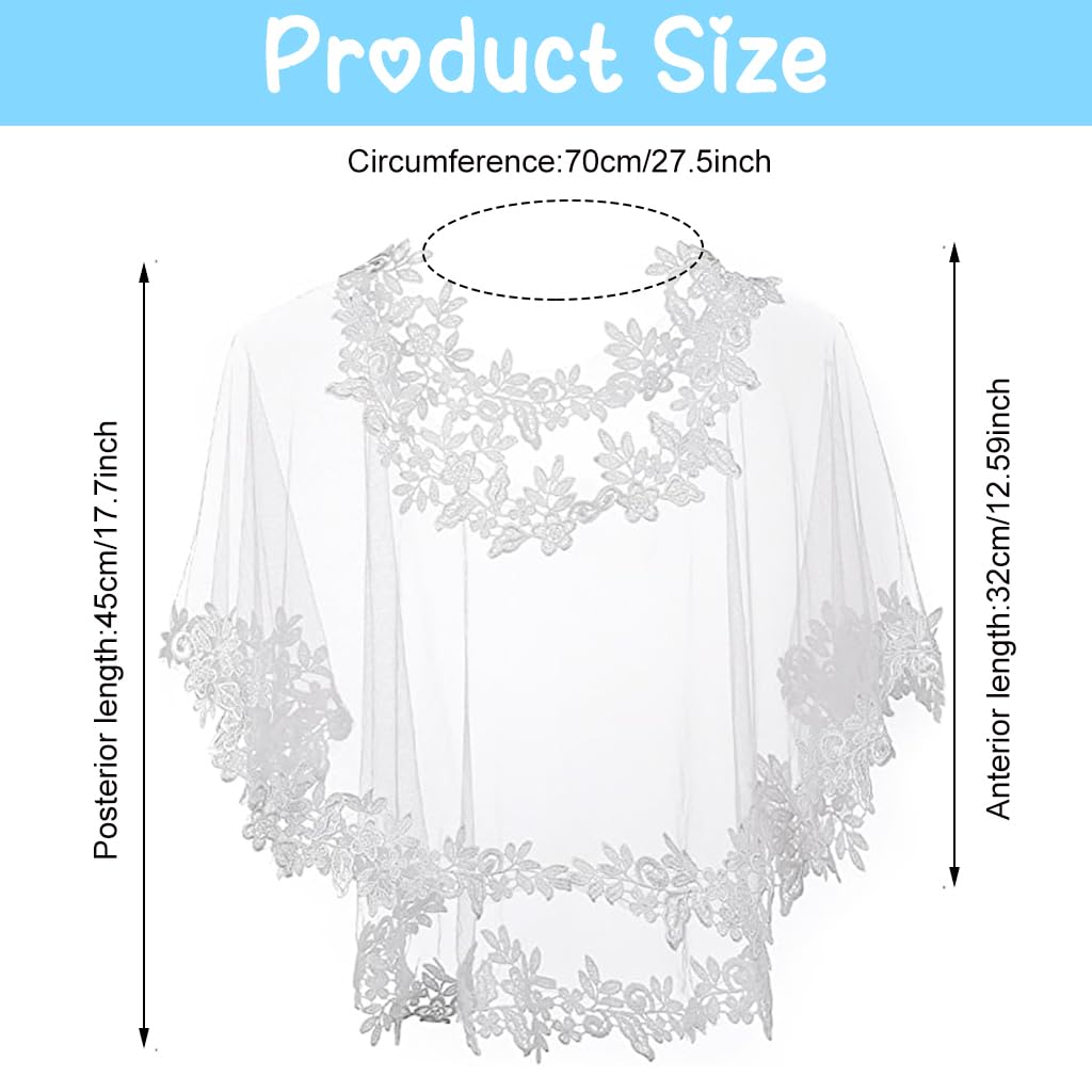 PALAY® Sheer Lace Shawl Elegant White Lace Evening Dress Wrap Shawl Bridal Cape Cover Up Shawl Bridal Shawl Embroidery Floral Edge Lace Shawl for Dresses, Off-Shoulder