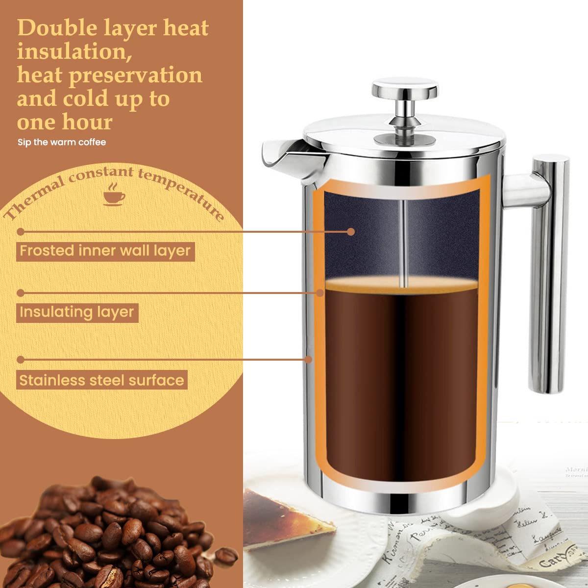 HASTHIP French Press Coffee Maker 800 ml for Home with 4 Level Filtration System | 304 Stainless Steel Double Insulated Design