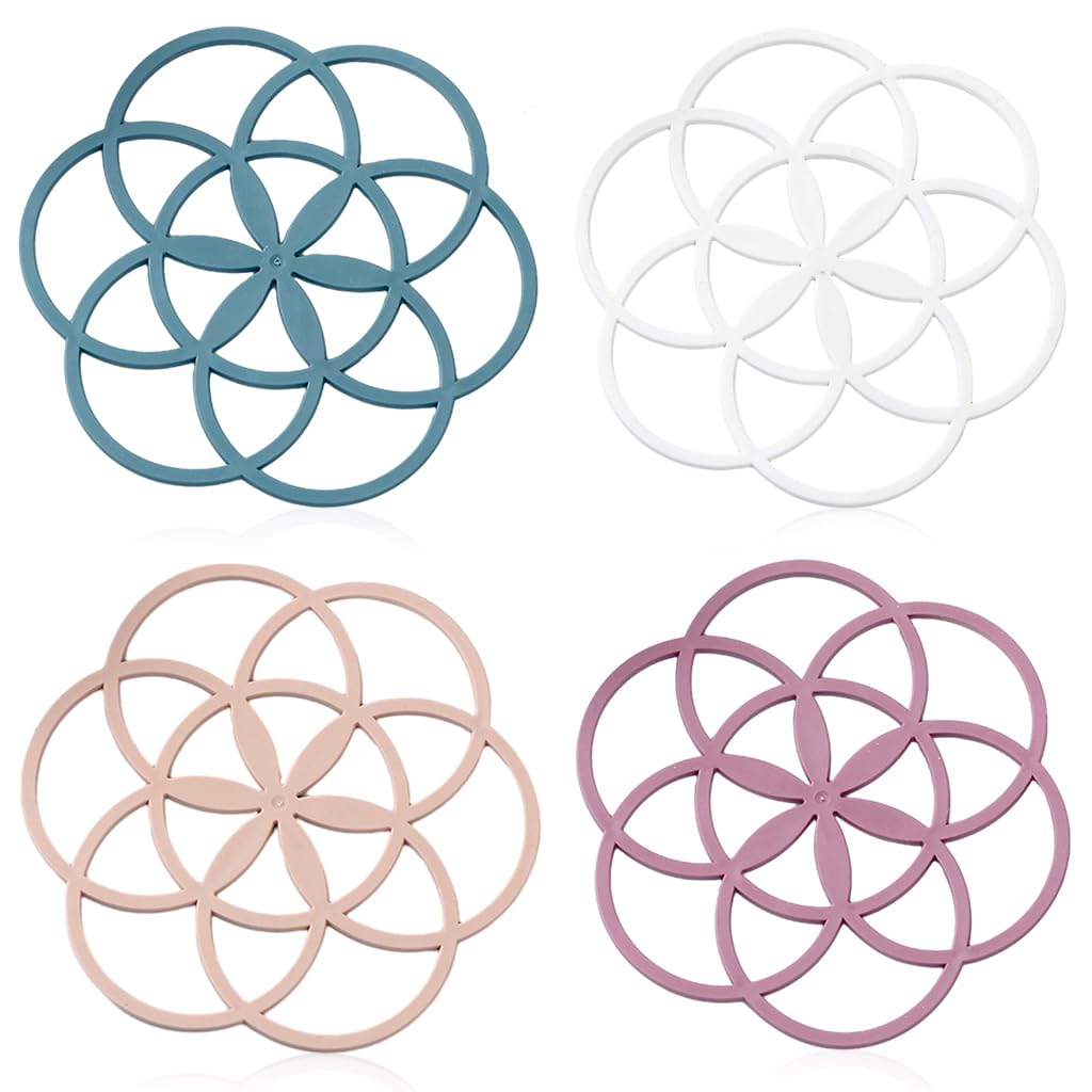 Supvox® 4pcs Silicone Trivet Dining Table Trivet Creative Floral Shape Kitchen Insulated Pads for Pots, Hot Dish Insulated Teapot Trivet Flexible Durable Non Slip 7.87