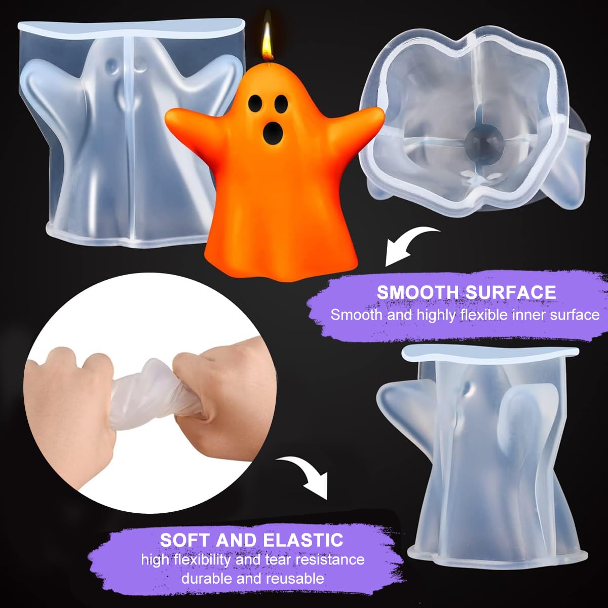 HASTHIP® 2Pcs Halloween Funny Ghost Silicone Mold for Resin Art DIY Halloween Home Decor Food Grade Silicone Mold Creative Halloween Ghost Silicone Mold for Candle, Resin Desk Decor, Ice Cube, Candy