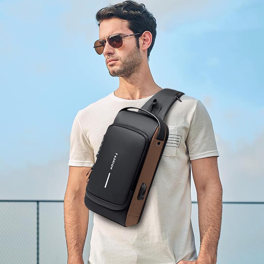 Zibuyu Sling Bag for Men with Five Zipper Compartments and Adjustable Strap in Khaki Canvas