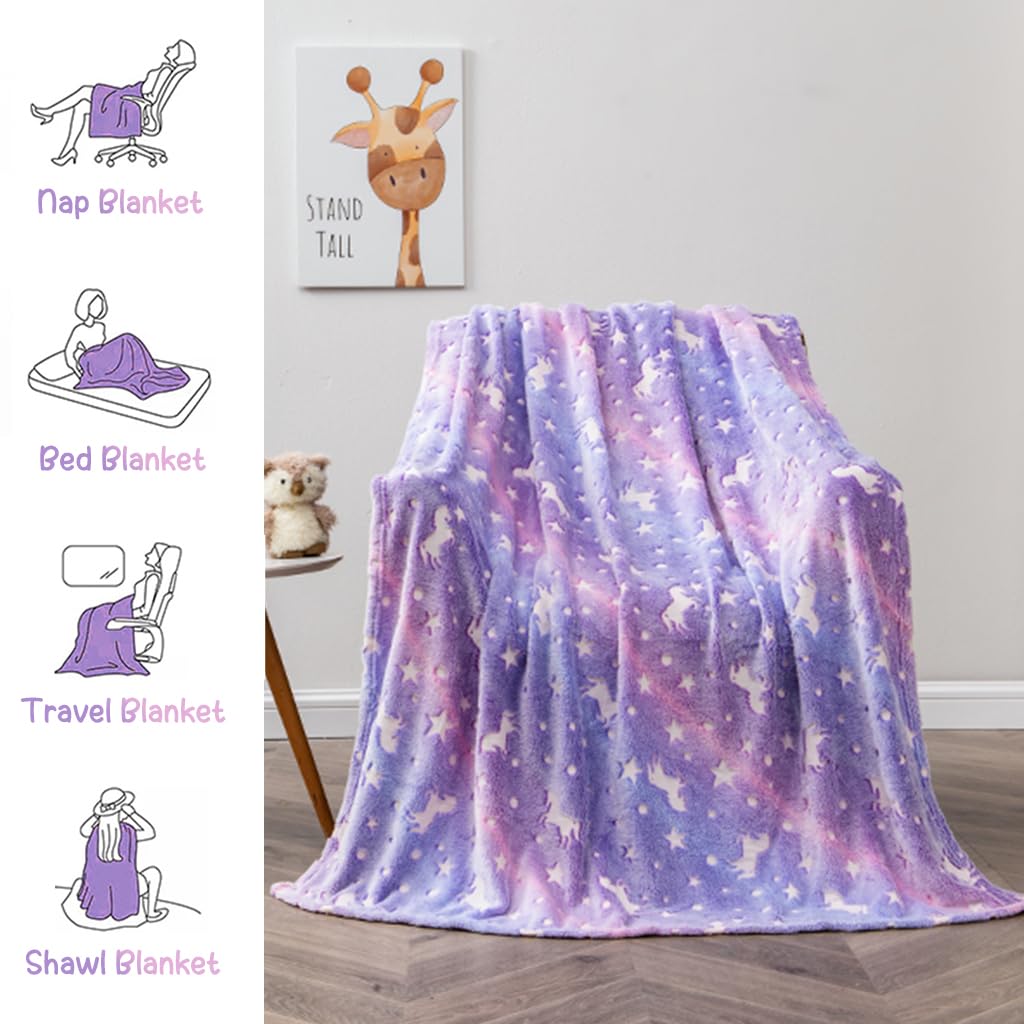 ZIBUYU® Winter Blanket for Kids Girls Flannel Blanket Warm Soft Night Glow in Dark Furry Safe Luminous Unicorn AC Blanket for Boys & Girls (70 x 60 inch) - Purple