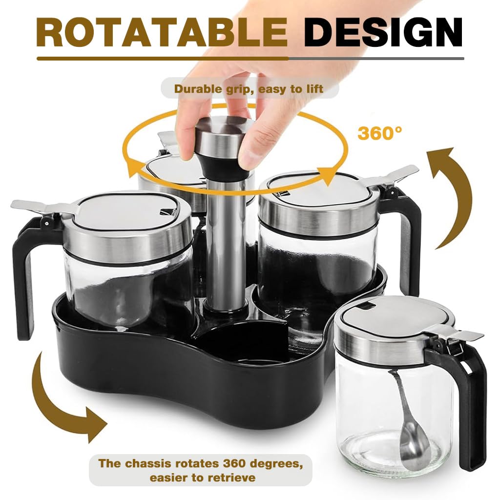 Supvox Spice Containers for Kitchen Storage with 4 Glass Jars 350ml & 360° Rotating Base