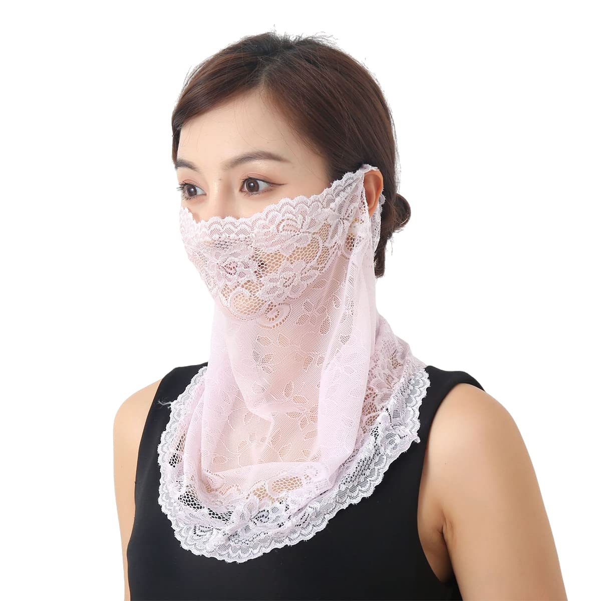 PALAY® Lace Face Cover for Women Sun Protection Face Mask, Stylish Breathable Embroidery Veil Face & Neck Covering for Girls - Pink, Hanging Ear Design