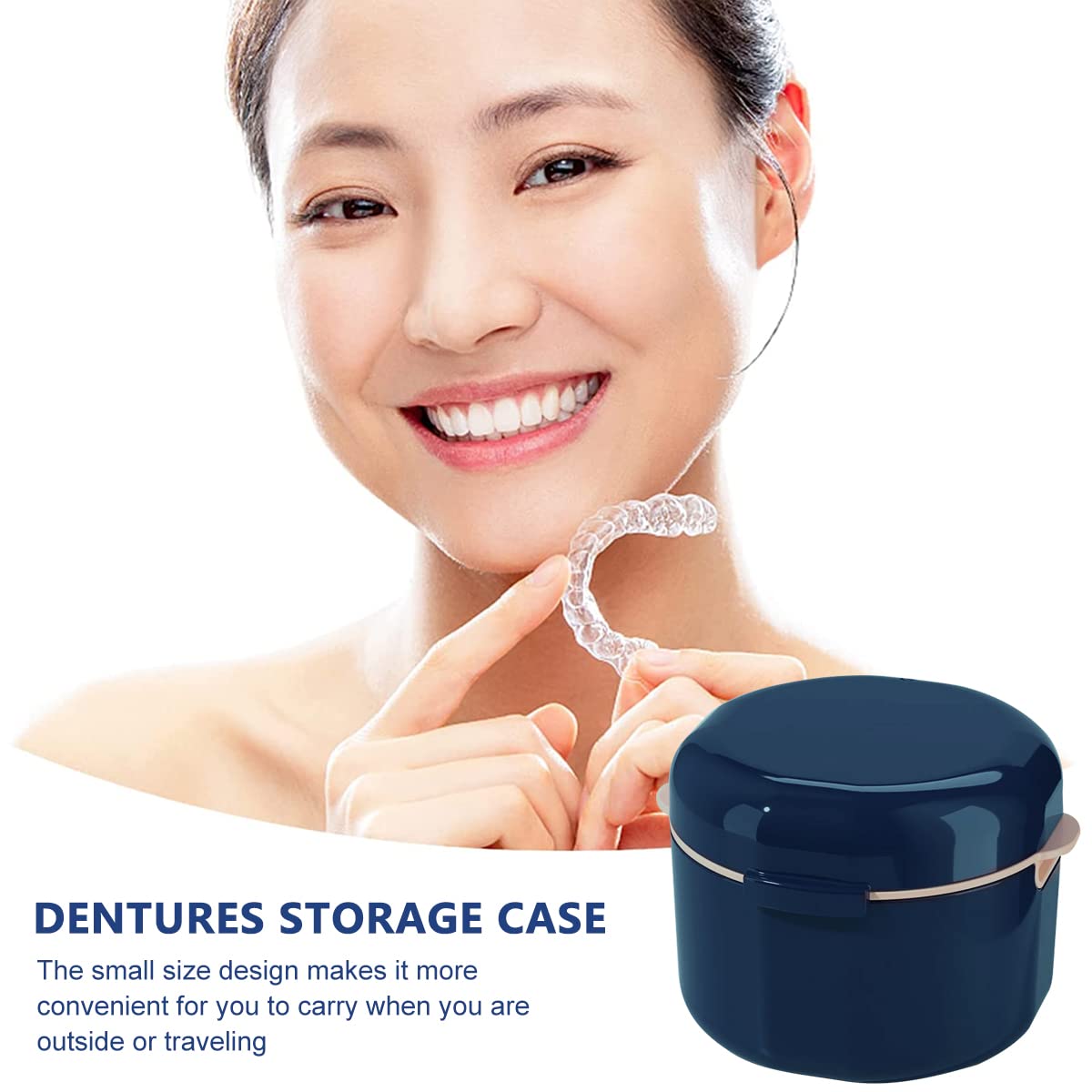 HANNEA® Denture Case, Denture Bath Case Cup Box Holder Storage Soak Container with Strainer Basket for Travel, Retainer Cleaning (Blue)