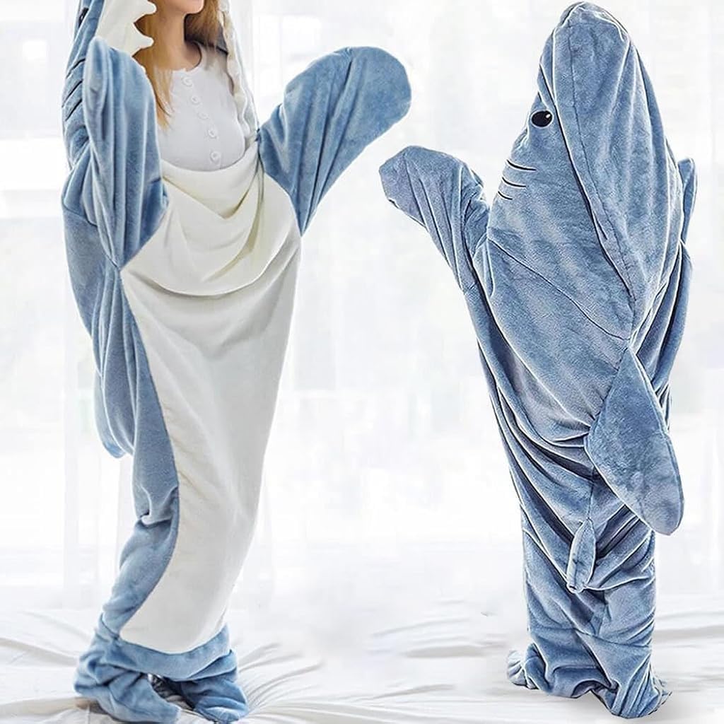 ZIBUYU® Adults Sleeping Bag Pajamas Warm Flannel Hoodie Sleeping Bag Cute Shark Hoodie Pajamas Sleeping Bag Soft Plush Sleeping Bag for Sleepovers Pajamas Party Sleeping Bag for Teens & Adults, XL