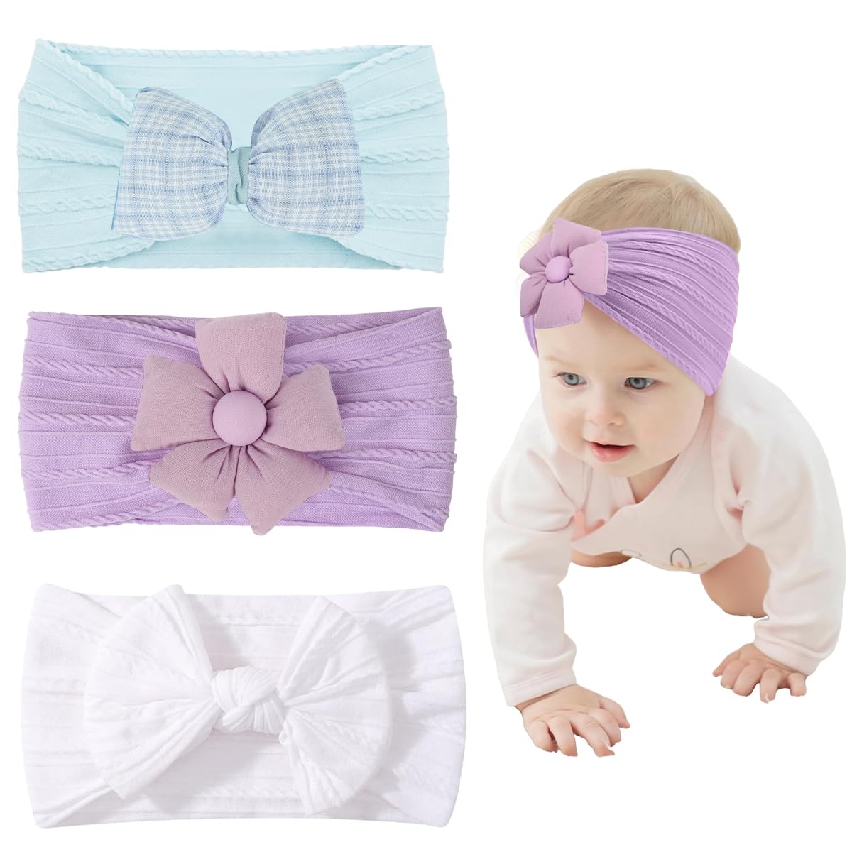 SNOWIE SOFT Hair Bands for Baby Girls with Knotted Flower Bows and Soft Stretchy Nylon | 3‑Color Set