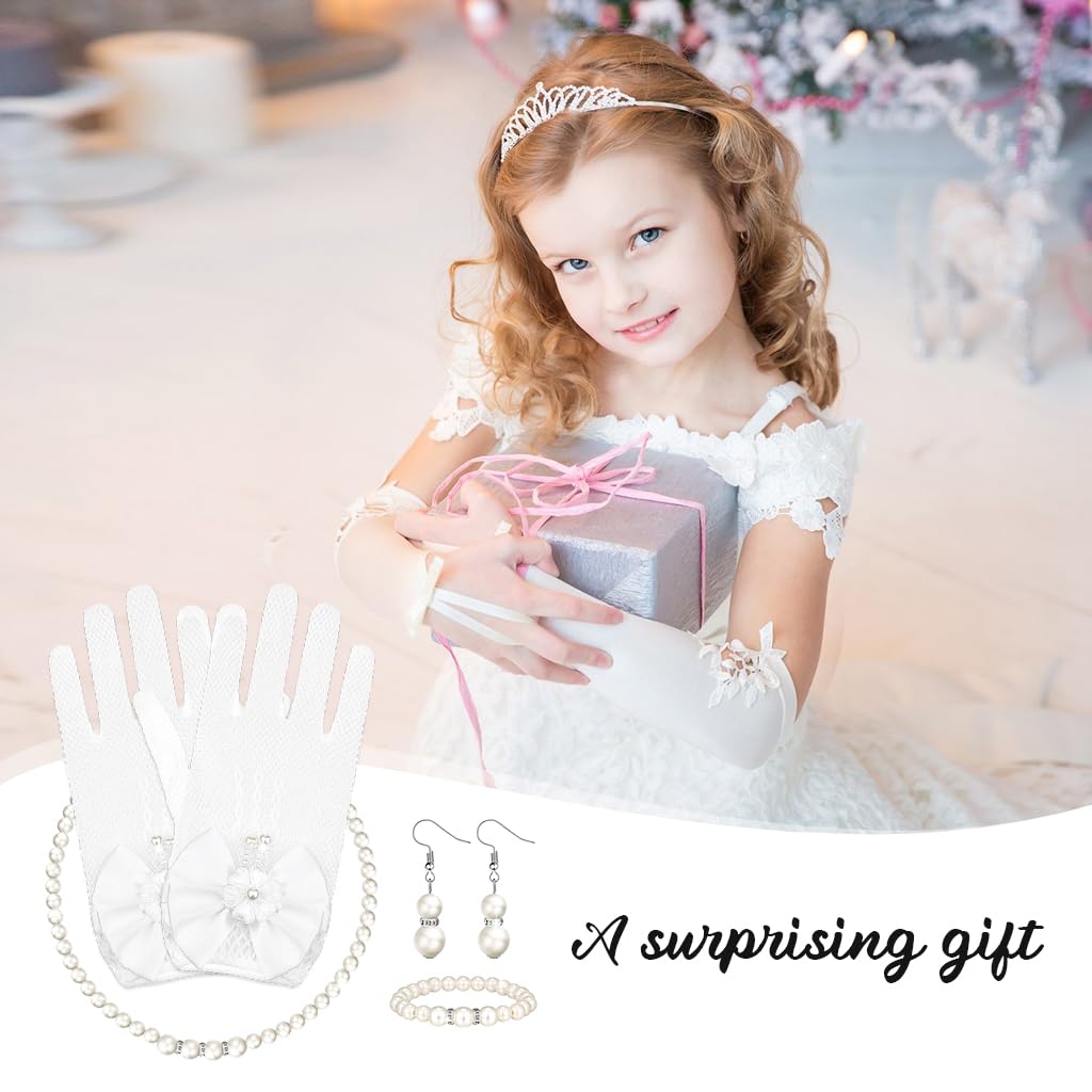 SNOWIE SOFT 4Pcs Girls Jewelry Dancing Party Dressing Kit Lace Bow Gloves Jewelry Set with Pearl Earrings, Pearl Necklace, Bracelet Girls Jewelry Lace Gloves Kit for Ball, Party