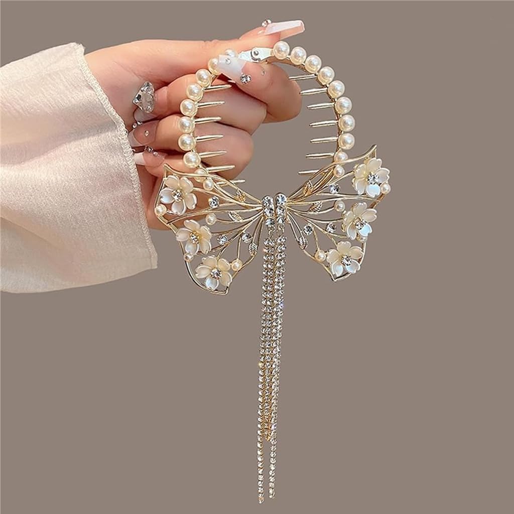 ZIBUYU Bow Hair Clips for Women featuring Pearl Rhinestone Tassel and Floral Design | Elegant Accessory for Weddings and Daily Styling