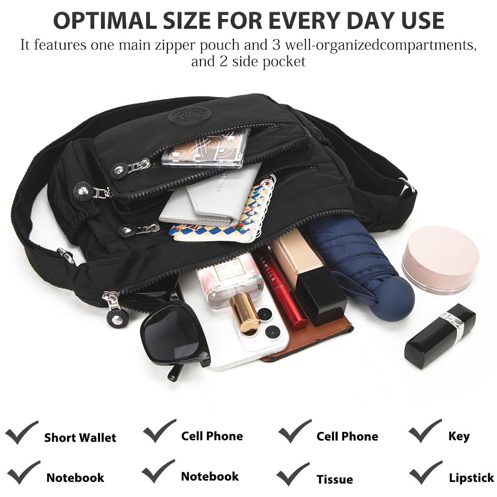 PALAY Women Crossbody Bag for Travel and Daily Use with Multi Layer Compartments | Black Nylon 10.2x8.2 in