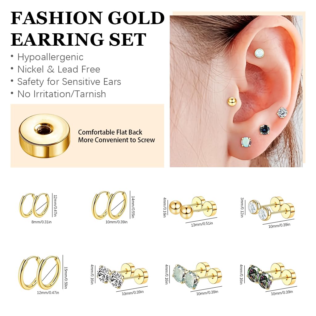 SANNIDHI Hypoallergenic Flat Back Earrings for Sensitive Ears with 0.8mm 20G Studs | Surgical Steel Stacking Set for Women